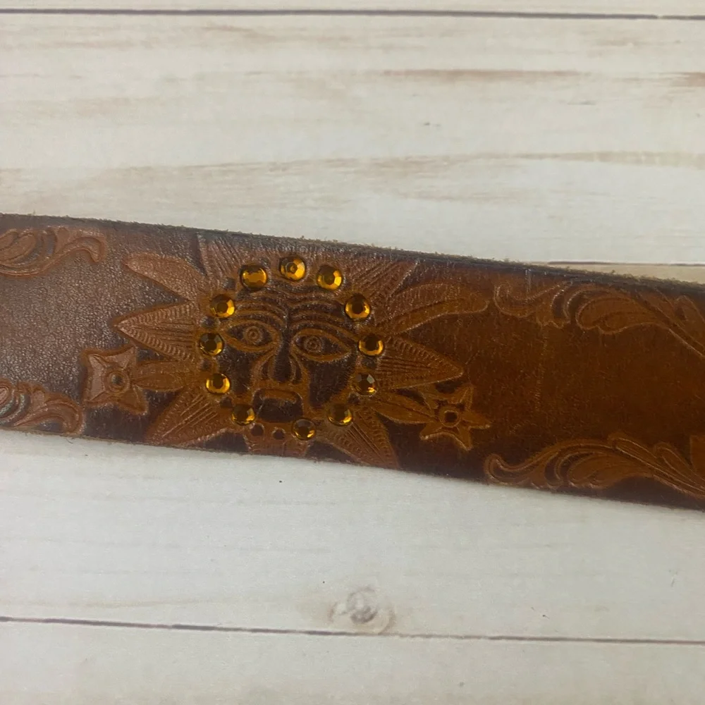 Vtg Hipwear Brown Leather Tooled Rhinestone Belt Boho Hippie Brass Buckle Sz L